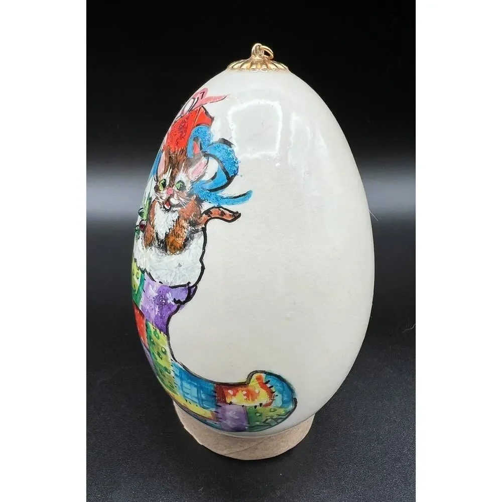 Hand Painted 4” Christmas Egg Ornament Cat w Presents in Stocking Signed